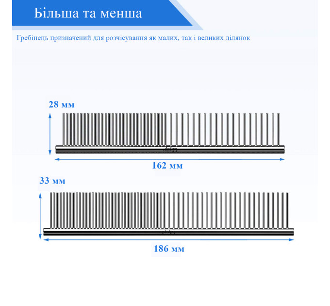 Гребінець Lilpep для шерсті собак Великий, металевий різнозубий, 3 см