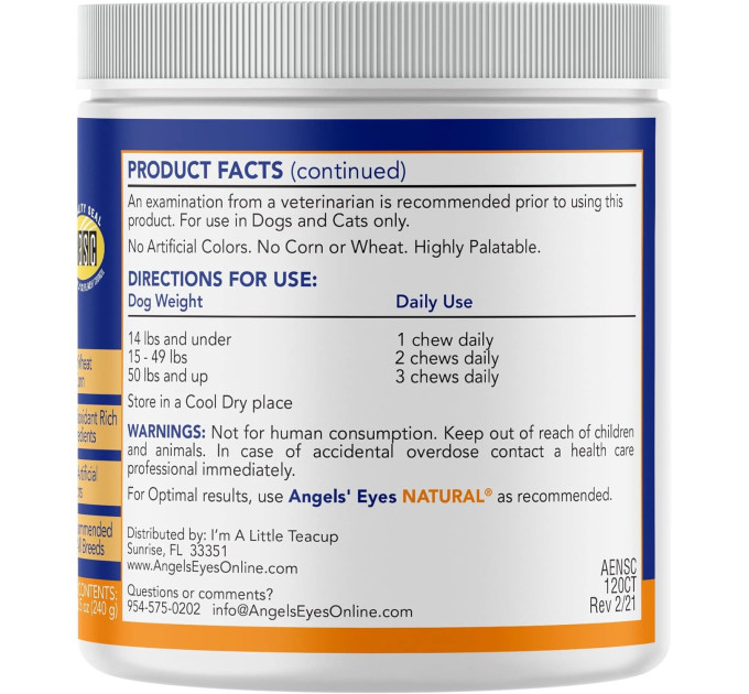Таблетки для профілактики слізних доріжок Angels' Eyes Natural Tear Stain Prevention Soft Chews for Dogs для собак 120таб