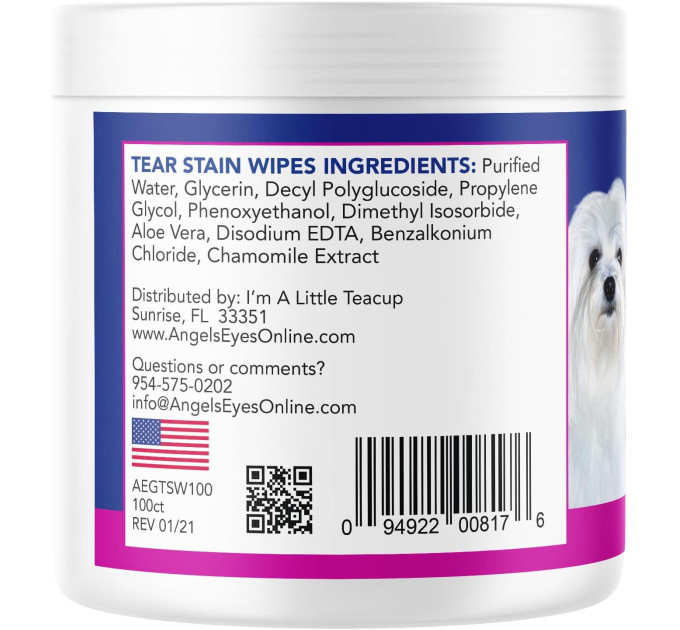 Вологі серветки для видалення слізних доріжок Angels' Eyes Gentle Tear Stain Wipes для собак 100 штук